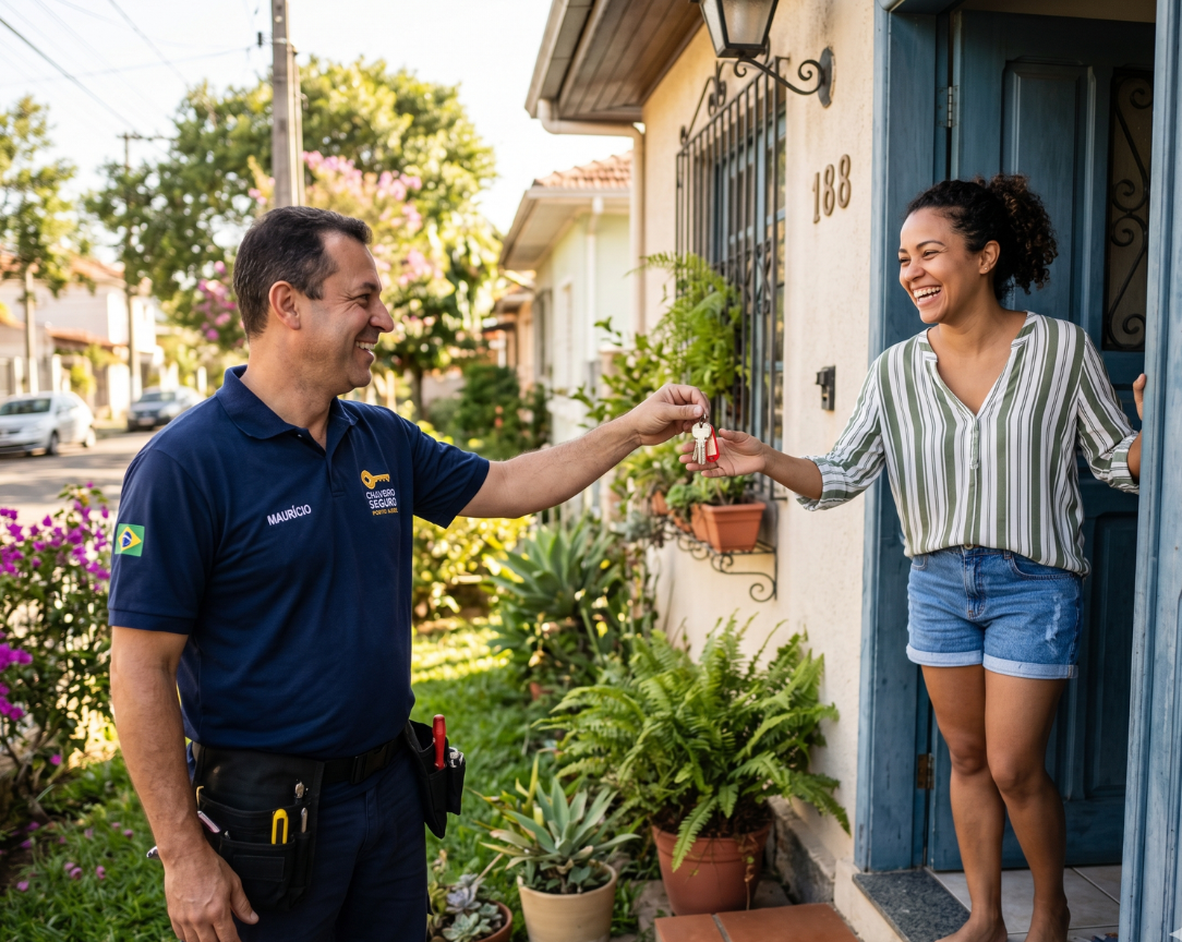 Chaveiro entregando a chave a um cliente em Aracaju